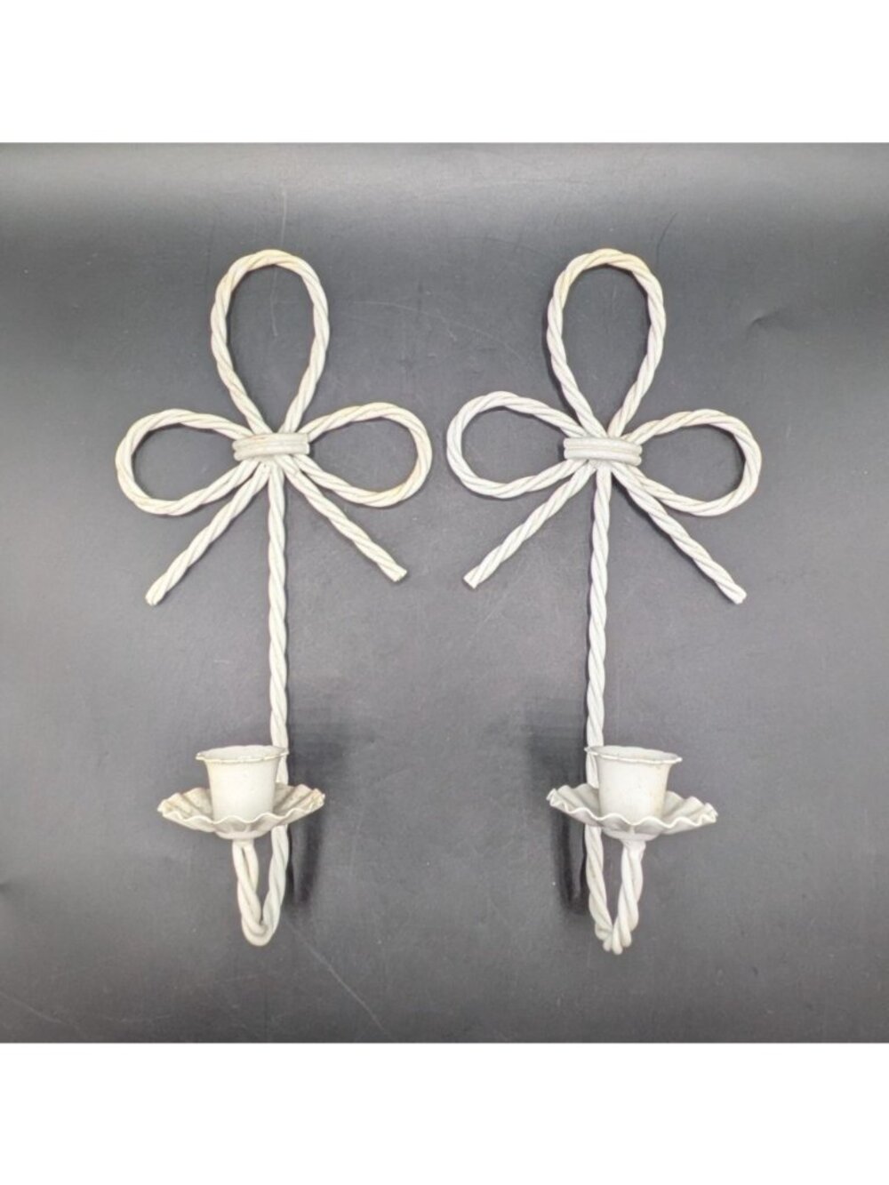 Vintage Pair White Twisted Bowtie Wall Sconces Hanging Candlestick Holders 12"